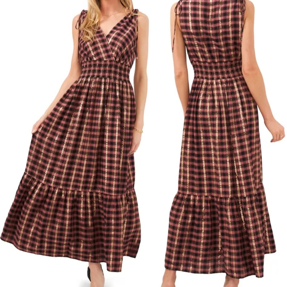 Vince Camuto, Metallic Pucker Plaid Maxi Dress